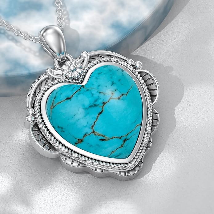 Genuine Turquoise Heart Necklaces for Women 925 Sterling Silver Blue Green Turquoise Pendant Vintage Western Jewelry Gift for Mom Wife Her