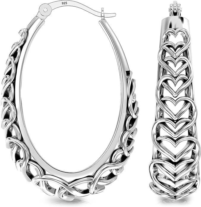 LeCalla 925 Sterling Silver Hoop Earrings for Women | Women's Filigree Hoop Earrings | Antique Oxidized Openwork Mesh Filigree Cut Earring Chunky Hoops | Hypoallergenic Vintage Filigree Oval Hoop Earrings for Women