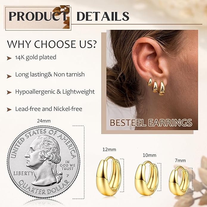 BESTEEL 3Pairs 14K Gold Plated Hoop Earrings Set for Women Chunky Earring Silver Plated Hypoallergenic Small Huggie Hoops Lightweight Tiny Thick Trendy Hoop Earrings Stacks for Multiple Piercing