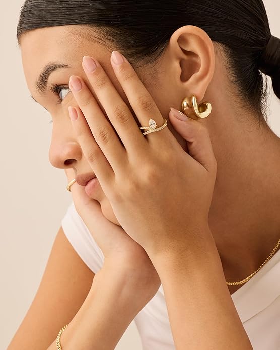 PAVOI 14K Gold Plated Wavy Engagement Ring for Women | Solitaire Cubic Zirconia Wedding Band & Promise Rings for Her | Trendy Fashion Jewelry