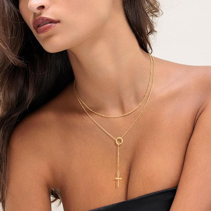 LOVELUCK Long Lariat Necklace for Women,Dainty Layered Y-Shaped Necklaces 14k Gold/Silver Plated Drop Chain Trendy Christmas Jewelry Gifts