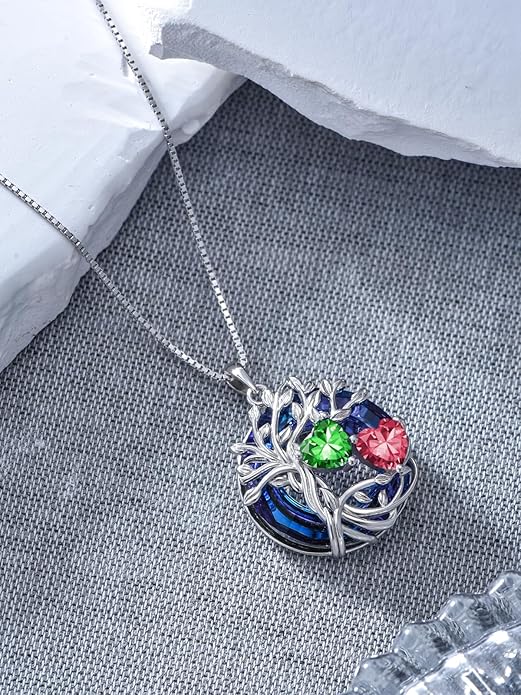 TOUPOP s925 Sterling Silver Family Celtic Tree of Life Pendant Necklaces with 2 Heart Birthstone with Blue Austrian Crystal Jewelry Birthday Anniversary Christmas Gifts for Her Wife Girlfriend Mom (18K Real White Gold Filled)