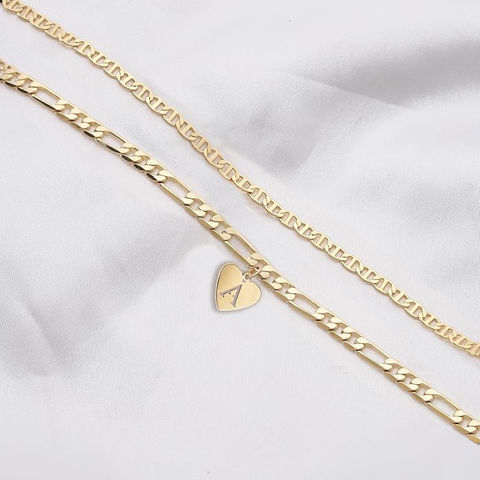 YANODA Initial Ankle Bracelets for Women, Layered Gold Anklets for Women 14k Real Gold Filled Figaro Letter Anklets for women waterproof Summer Jewelry Personalized Gifts for Women