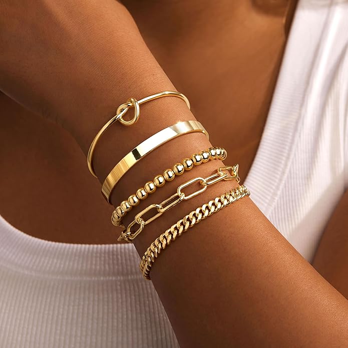 Gold Bracelets for Women Non Tarnish, 14K Gold Plated Chunky Cuff Bracelet Gold Bangles Bracelet for Women Trendy Tie Knot Cuban Rope Paperclip Beaded Bracelet Stack Jewelry Gifts