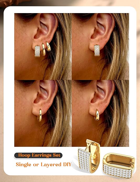 Florideco 3Pairs Chunky Gold Earrings Set 14K Gold Plated Hoop Earrings for Women Trendy Small Thick Huggie Hoops Earring Lightweight Silver Hoop Earring Sets for Multiple Piercing