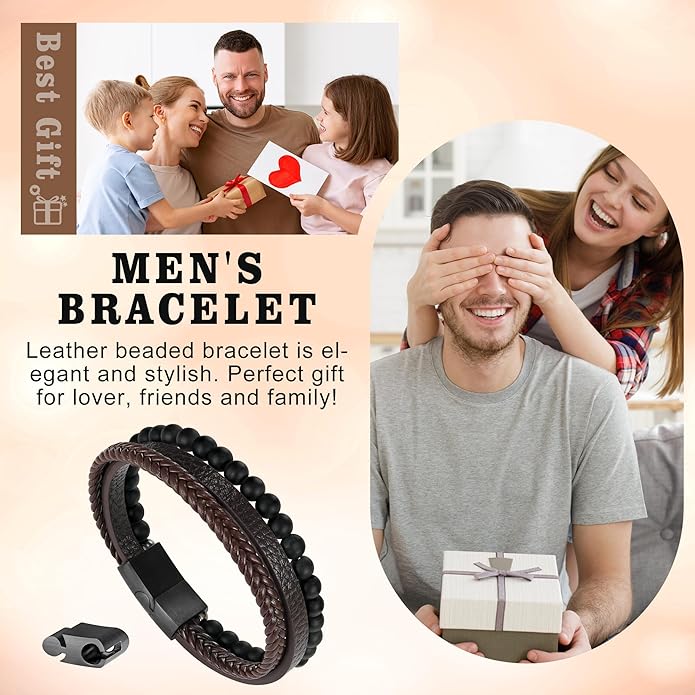 Gifts for Men - Layered Leather Beads Bracelet, Tiger Eye Lava Rock Stone Braided Leather Bracelets for Men Adjustable Magnetic Clasp Birthday Gifts