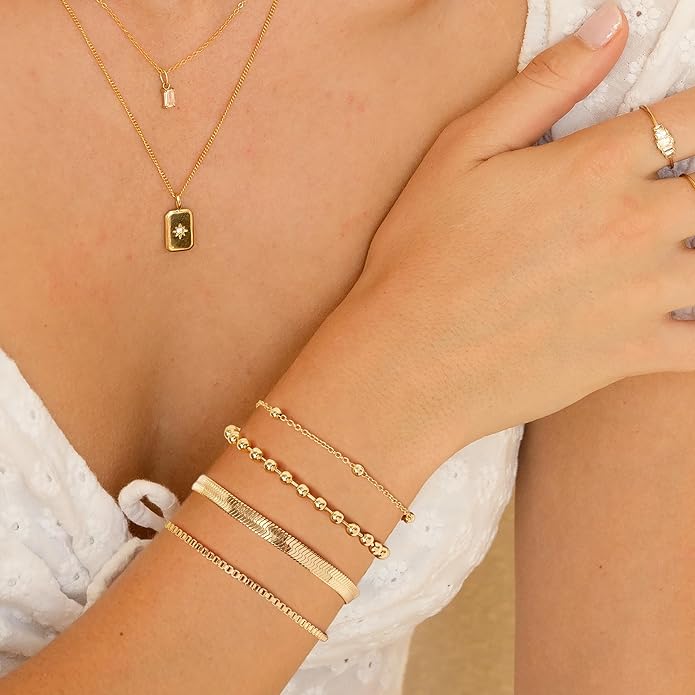 Gold Bracelets for Women Trendy,14K Gold Plated Dainty Stackable Paperclip Cuban Link Chain Bracelets, Simple Cute Cuff Bracelets Jewelry Set Adjustable 7"+2"