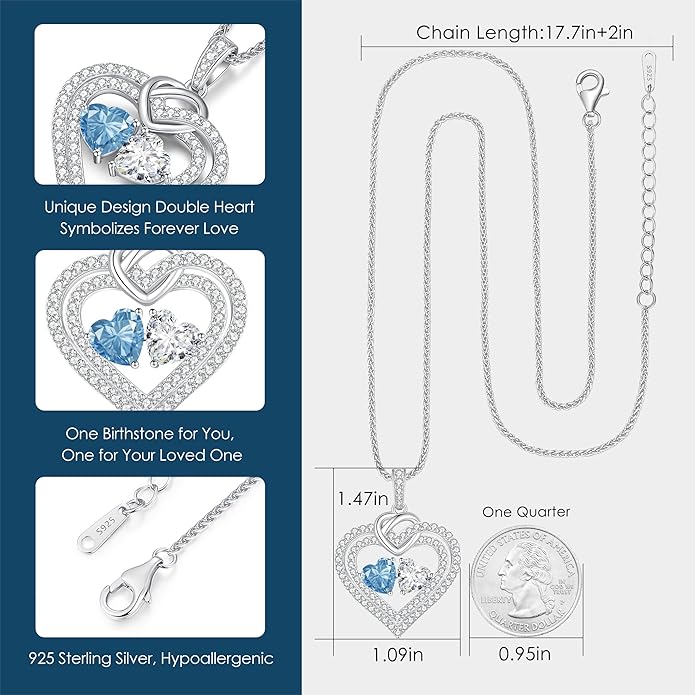 LOUISA SECRET Sparkling Double Heart Birthstone Necklaces for Women, 925 Sterling Silver Fine Jewelry, Pendant Heart Necklaces Birthday Anniversary Christmas Gift for Women Wife Mom Girlfriend Lady