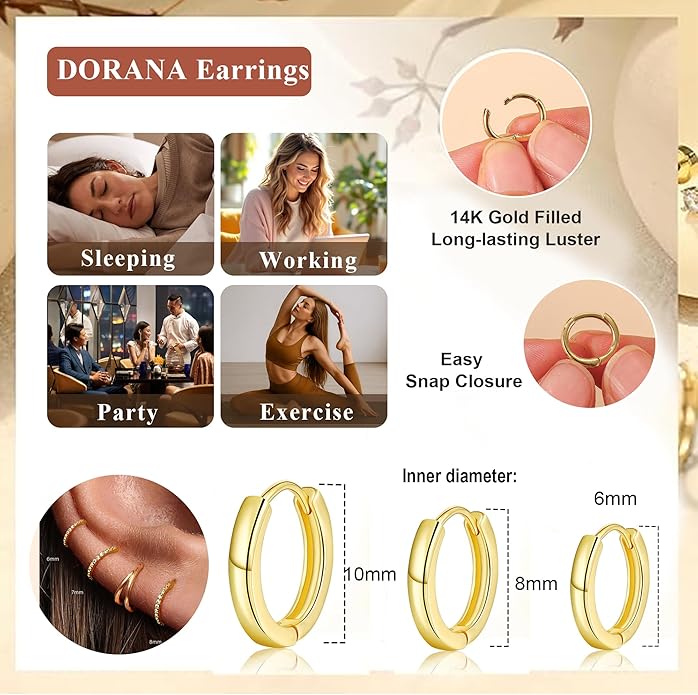 DORANA Valentines Day Gift 3 Pairs 925 Sterling Silver Earrings for Women Girls Non Tarnish Small Hypoallergenic Huggie Hoops Cartilage Stack Earring Sets for Multiple Piercing