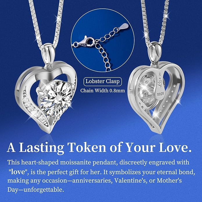Moissanite Necklace for Women,925 Sterling Silver Necklace,Moissanite Tennis Necklace Engraved with Love,Gift for Wife Girlfriend Mom on Anniversary Valentine's Day Birthday
