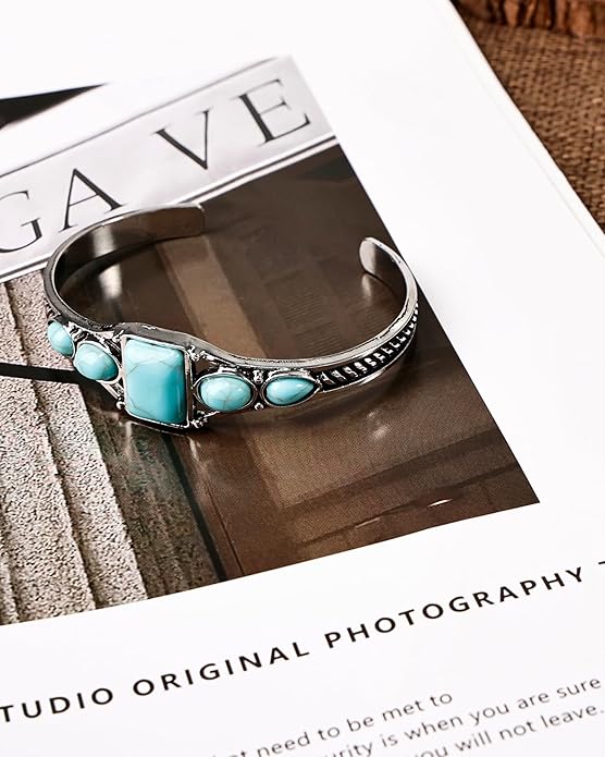 Boho Turquoise Silver Cuff Bracelet for Women, Vintage Jewelry Bangle with Carved Details, Adjustable Silver Bangles for Women, Sterling Silver Plated Bangles Style