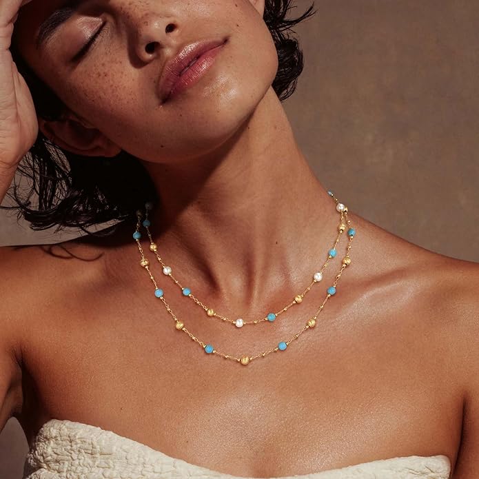 MTMY Beaded Necklaces for Women 14K Gold Plated Dainty Colorful Green/Rose Beaded Pearl Choker Necklace Delicate Boho Choker Necklace Jewelry Gift