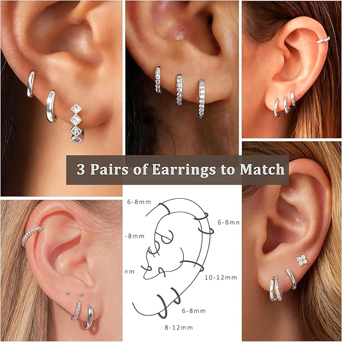 DORANA Valentines Day Gift 3 Pairs 925 Sterling Silver Earrings for Women Girls Non Tarnish Small Hypoallergenic Huggie Hoops Cartilage Stack Earring Sets for Multiple Piercing