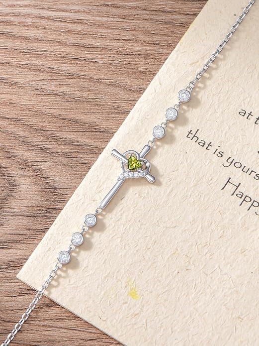Cross Birthstone Charm Link Bracelet 925 Sterling Silver Cross Bracelet with 12 Months Birthstone Religious Christian Jewelry Gifts for Women Mom Her,Chain Length 7"+2" Extend