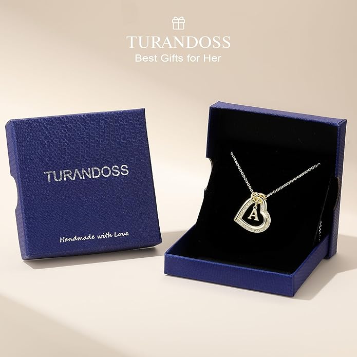 Turandoss Heart Initial Necklaces for Women - Dainty 14K Gold Plated Cubic Zirconia Heart Initial Necklaces Letter A-Z Pendant Necklace for Women Girls Jewelry Birthday Christmas Gifts