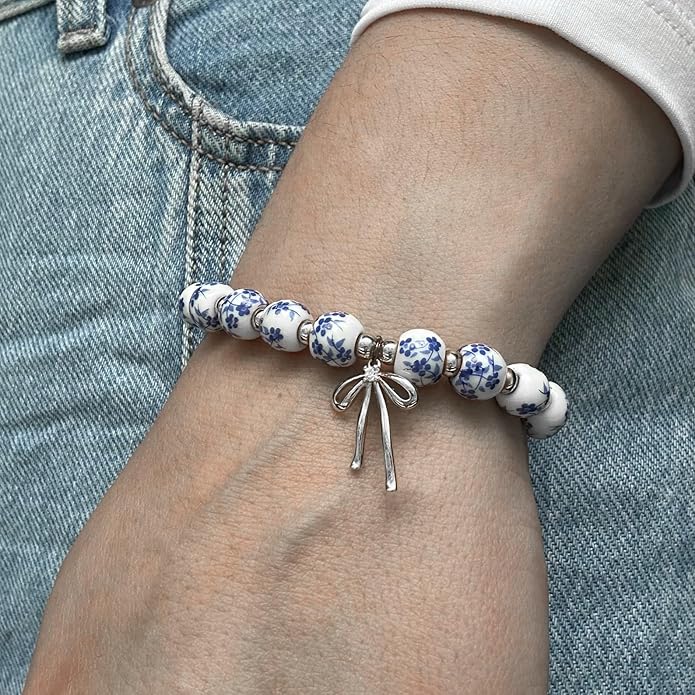Beads Bow Charm Bracelet for Women Flower Vintage Bracelet Handmade Stretch Beaded Dainty Romantic Jewelry Gifts