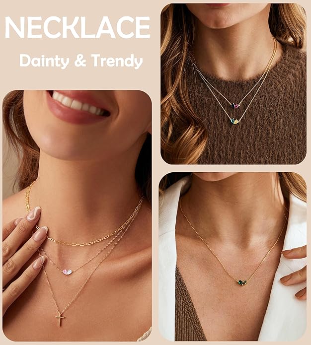 KOHOTA Gold Birthstone Necklace for Women Non Tarnish 14K Gold Plated CZ Heart Pendant Necklaces Dainty 2 Birthstones Emerald Green Charm Necklace for Mother and Daughter Birthday Jewelry Gifts