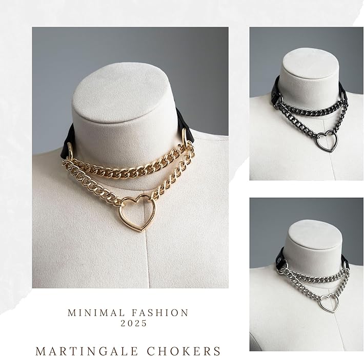 Black/Pink Leather Choker Necklace For Women, Handmade Adjustable Chain Collar with Metallic Heart Ring
