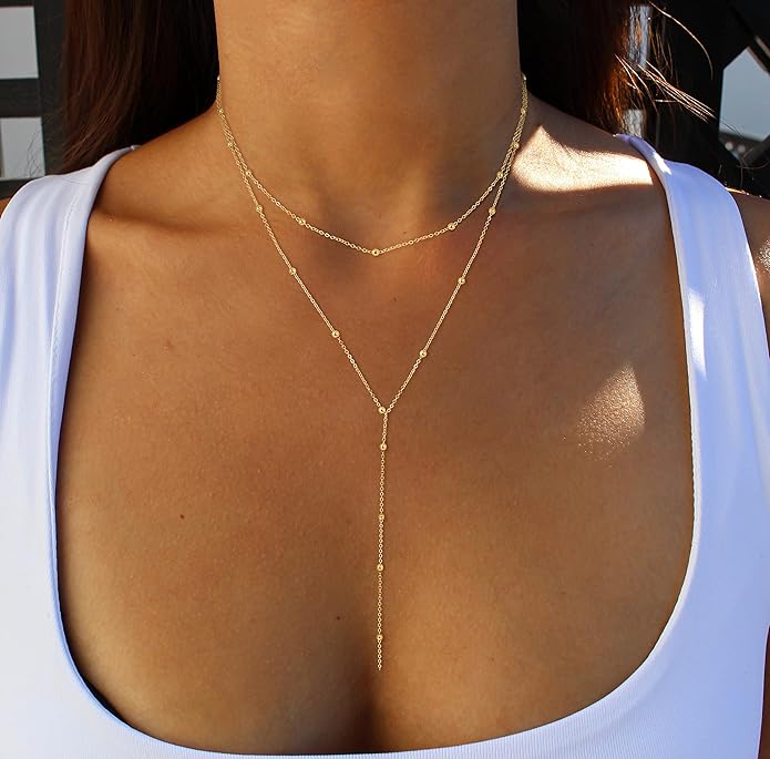 Foxgirl Lariat Gold Necklace for Women, Dainty Long Necklace 14k Gold Plated/Silver Y-Shaped Pendant Necklace Trendy Layered Cz Beaded Chain Drop Necklaces Simple Gold Jewelry For Women Gift