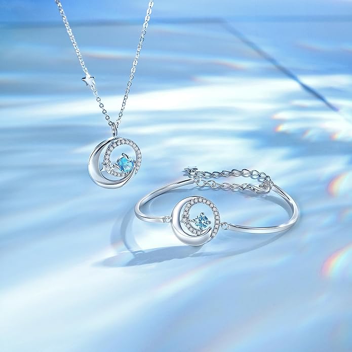 FANCIME Birthstone Necklaces 925 Sterling Silver Moon and Star Pendant Fine Jewelry Birthday Christmas Gifts for Mom Wife Her Daughter, Adjustable Chain 16+2"