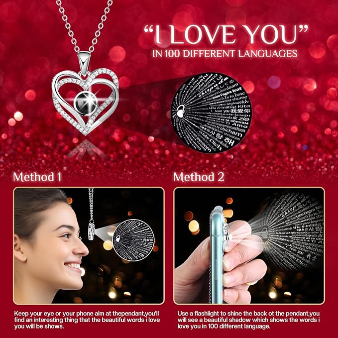 Preserved Red Real Rose Flowers in Box with I Love You in 100 Languages Necklace - Unique Gift for Women Mom Wife Girlfriend on Mother's Day Valentine's Day, Birthday, Christmas