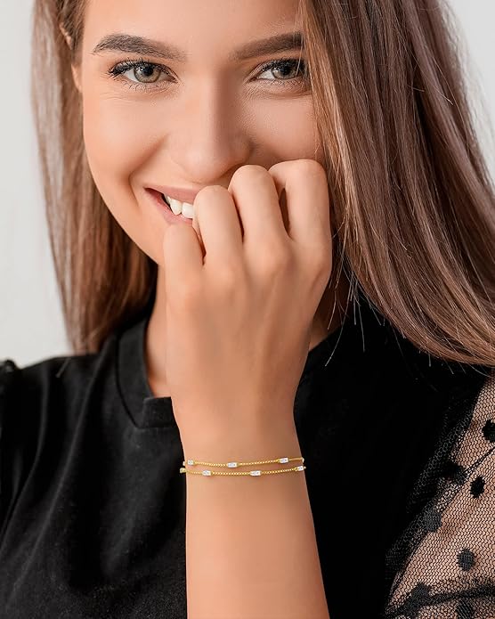 LOUISA SECRET Birthstone Bracelets for Women, 925 Sterling Silver Dainty Simple Women Charm Link Bracelet, Birthday Anniversary Jewelry Gifts for Women Wife Mom Her