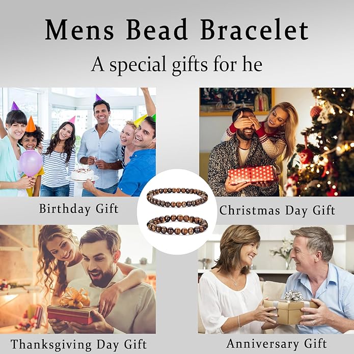 RANKEEF Mens Bead Bracelet Set - Adjustable Elastic Rope With 6&8MM Natural Stone Multi-Colored Beads - Tiger Eye Bracelets for Men - Gift
