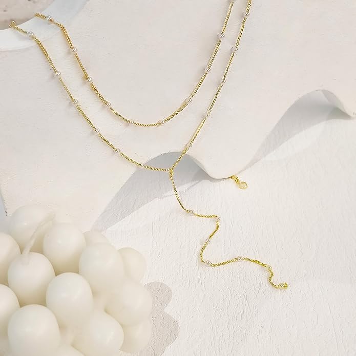HAXIYA Lariat Gold Necklace for Women Dainty Long Necklace 14k Gold Plated/Silver Y-Shaped Pendant Drop Chain Trendy Layered Pearl/Beaded/CZ Necklaces Simple Gold Jewelry For Women Gift