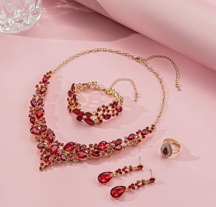 Paxuan Crystal Bridal Wedding Jewelry Sets for Women Rhinestone Teardrop Crystal Statement Choker Necklace Drop Earrings Link Bracelets Rings Teardrop Jewelry Set for Brides Bridesmaids