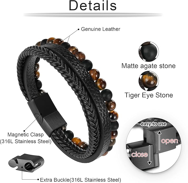 Gifts for Men - Layered Leather Beads Bracelet, Tiger Eye Lava Rock Stone Braided Leather Bracelets for Men Adjustable Magnetic Clasp Birthday Gifts