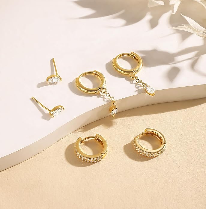 3 Pairs Earrings Set for Multiple Piercings, Gold Plated Studs Hoop Earrings Stack, CZ Dangle Earrings Set, Hypoallergenic for Sensitive Ears, Women's Gift