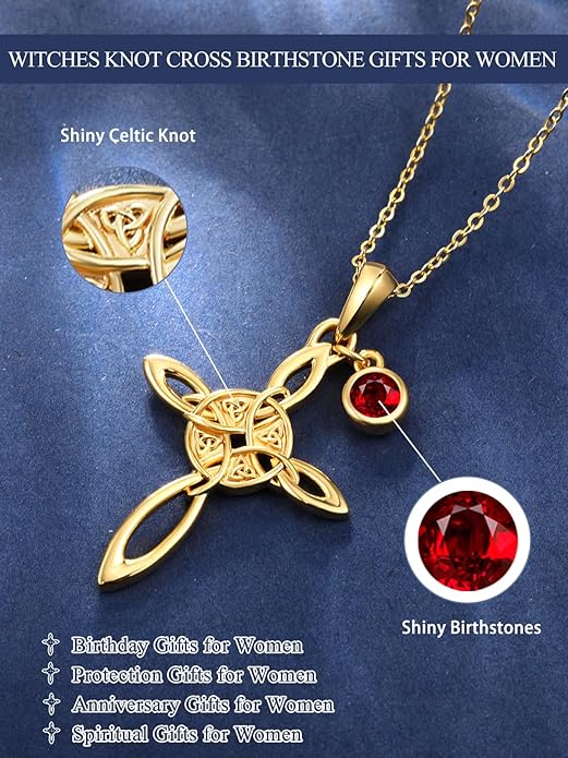 Witches Knot Necklace for Women, 14K Gold Celtic Knot Cross Jewelry with Triquetra Trinity with Birthstone Pendant, Birthday Witchy Spiritual Gifts for Her Wife Mom Grandma, 18+2 Inch Chain