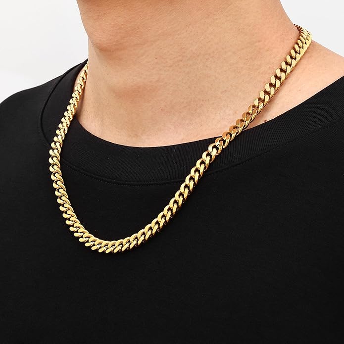 Fiusem Valentines Day Gifts for Him Silver Tone/Black/14K Gold Plated Chain Necklace for Men, 5mm/6mm/7.5mm/8mm/9mm Stainless Steel Cuban Link Chain Necklace, Men's Chains 18-28 Inch Jewelry Gifts