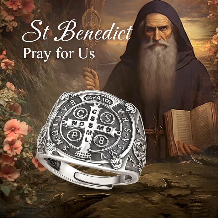 EUDORA S925 Sterling Silver St Benedict Ring San Benito Rings for Women Men, Vintage Ankh Cross Ring Saint Benedict Amulet Adjustable Rings Gifts for Women Mens Father Mother