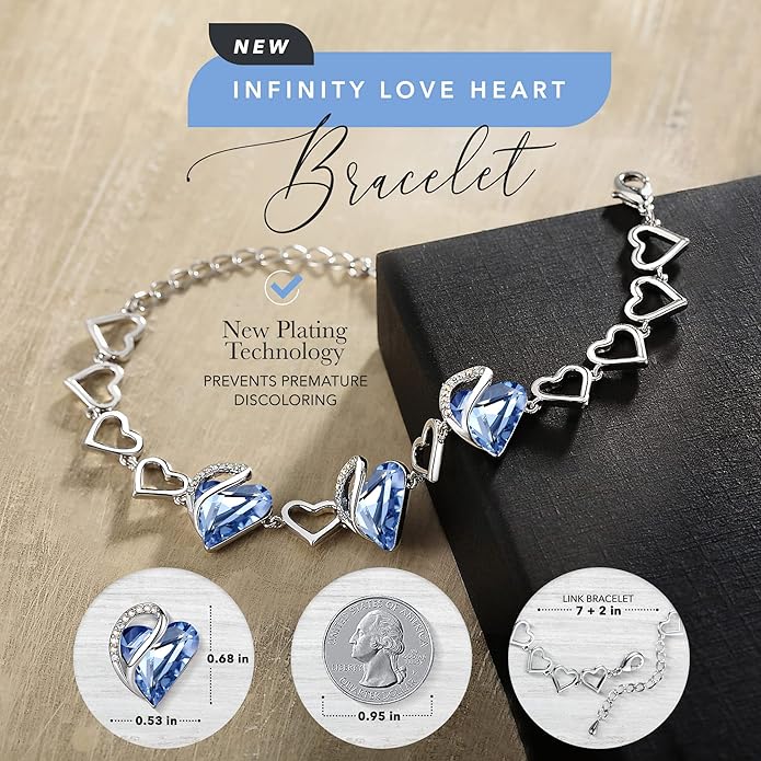 Leafael Infinity Love Heart Link Bracelets, Birthstone or Healing Stone Crystal Bracelet for Women, Silver Tone Jewelry Gifts for Her, 7-inch Chain and 2-inch Extender