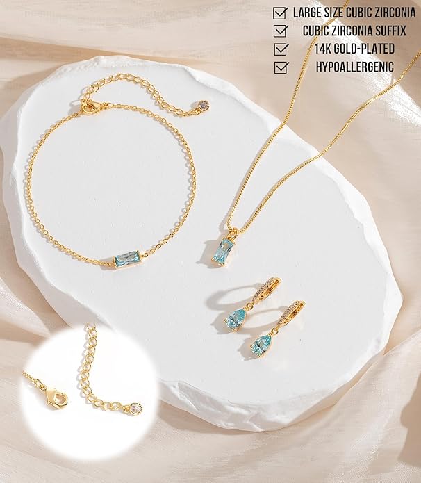 Birthstone 14K Gold Plated Bracelets Earrings Necklaces Jewelry Set， Blue Green May Cubic Zirconia，Friendship Bracelets Jewelry Gifts for Mom Best Friend Birthday