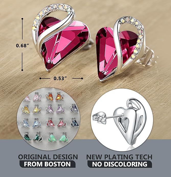 Earrings for Women, Mothers Day Gift for Mom, Heart Birthstone Crystal Stud Earring, Silver Plated Birthday Jewelry