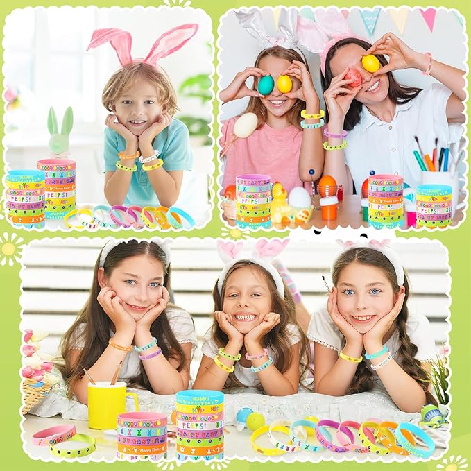 JUNEBRUSHS 64pcs Easter Party Favors Silicone Bracelets Bunny Egg Carrot Flowers Cross Rubber Wristbands for Easter Egg Fillers Gifts Basket Stuffers Accessories Party Decorations(8 Designs)
