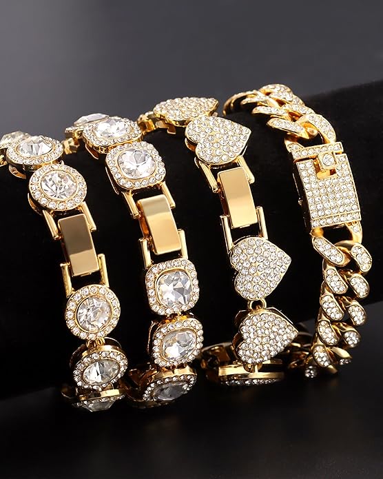 shopbyskyler 4PCS Gold Bracelets for Women Silver Clustered Tennis Bracelet for Women Heart Round Diamond Cuban Bracelet Layered Link Bracelet Set Fashion Jewelry for Women Set