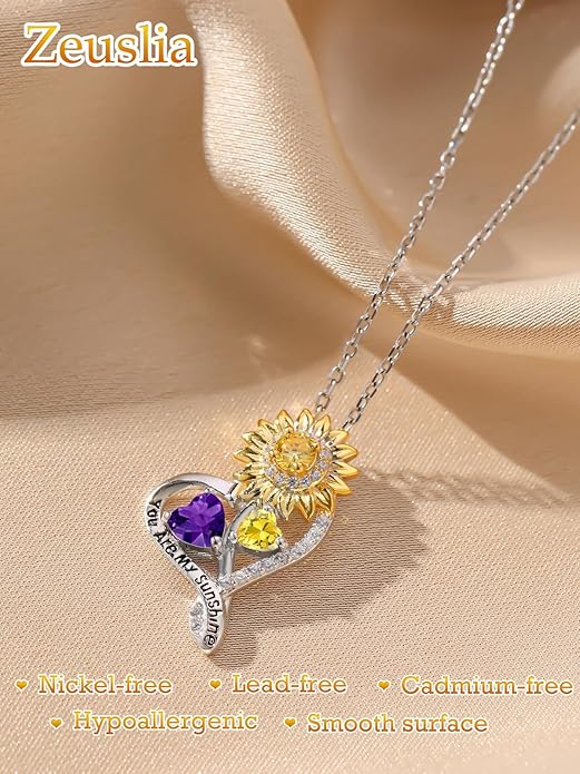 Zeuslia Double Birthstone Necklace Gifts for Wife - 925 Sterling Silver Sunflower/Rose/Crown Cross/Compass/Heart Pendant I Love You Necklace, Anniversary Birthday Gifts for Wife Girlfriend Mom Her