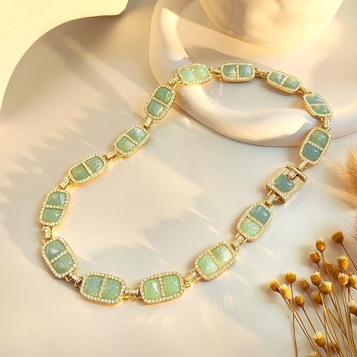 Chunky Necklace for Women 12 Colors Diamond Stone Gold Statement Necklace for Women Full Trendy Blue Birthstone Choker Necklace for Women Square Design Necklace Jewelry