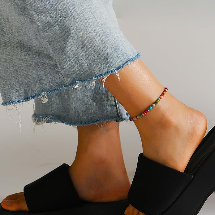 Natural Stone Beaded Anklets Bracelets for Women Handmade Beaded Anklet Bracelet Waterproof Boho Beads Ankle Bracelet Adjustable Summer Jewelry