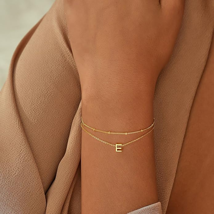 Turandoss Gold Initial Bracelets for Women, Dainty 18K Real Gold Plated Layered Letter A-Z Initial Bracelets Personalized 26 Alphabet Monogram Gold Bracelets for Women Jewelry Gifts Trendy