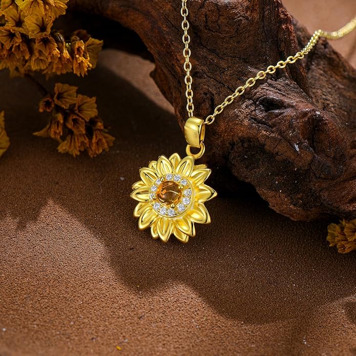 Dainty Genuine Amber Sunflower Pendant Necklace 925 Sterling Silver vintage Natural Gemstone Jewelry for Women Sunflower Lover