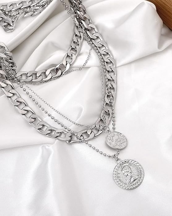 MJartoria Layered Necklaces for Women Trendy Retro Coin Pendant Necklace Dainty Chunky Chain Choker Necklaces for Jewelry Birthday Gifts