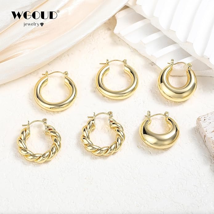 WGOUD 3Pairs 14K Gold Plated Chunky Hoop Earrings Set for Women, Trendy Hoop Earring 925 Sterling Silver Post - Hypoallergenic Thick Lightweight Twisted Hoops Dainty Gold Earrings for Women Jewelry Gifts