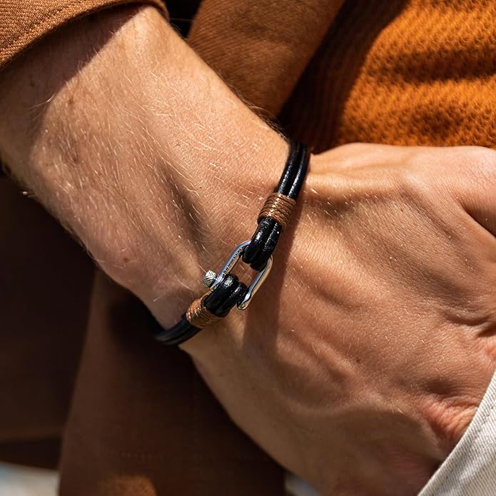 Elegatto Helix Premium Vintage Leather Bracelet for Men | Double Black Leather Strands with Sterling Silver Polished Mini Shackle Closure | Men’s Designer Jewelry