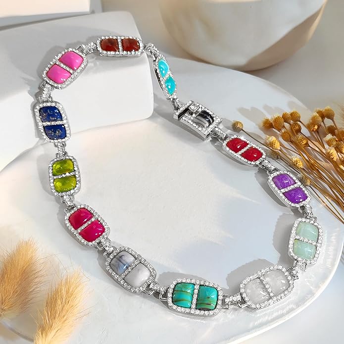 Chunky Necklace for Women 12 Colors Diamond Stone Gold Statement Necklace for Women Full Trendy Blue Birthstone Choker Necklace for Women Square Design Necklace Jewelry