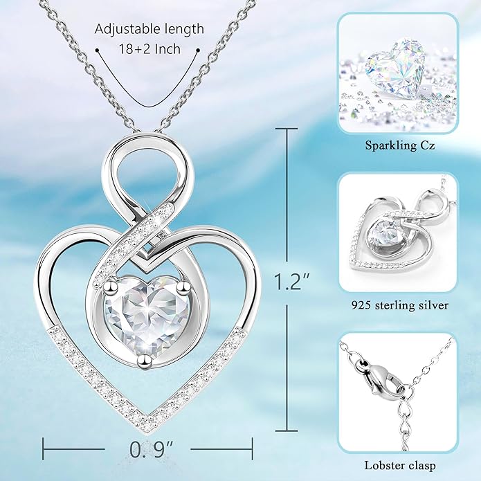 Heart Necklace for Women, 925 Silver Necklace with Infinity Heart Pendant, Personalized Birthstone Necklace Anniversary Birthday Gifts for Wife, Girlfriend, Mom