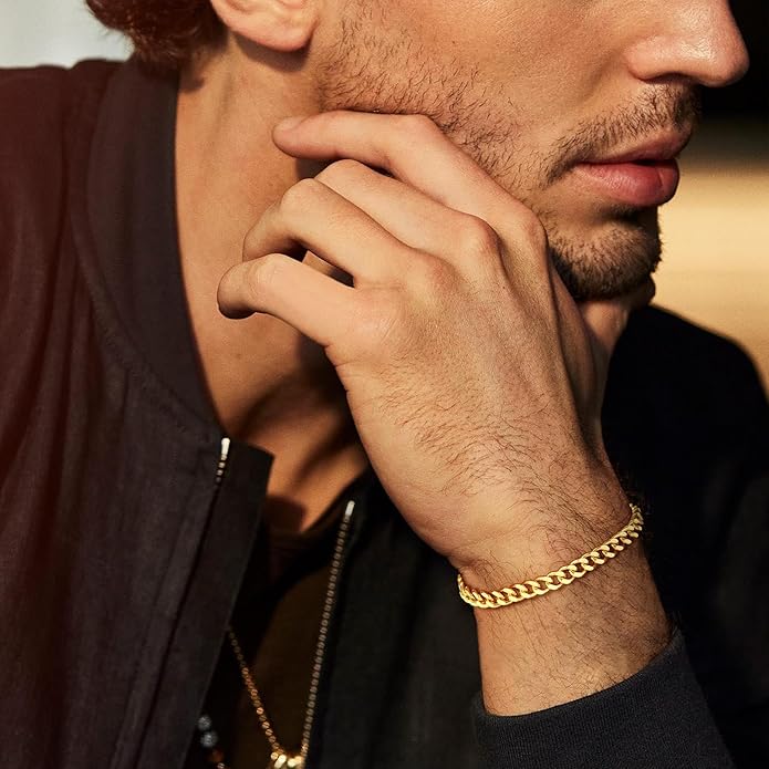 Cuban Link Bracelet for Men, 18K Gold Over Sterling Silver 6MM Cuban Link Bracelet Diamond Cut Cuban Chain Mens Bracelet Gifts for Boyfriend Father Husband